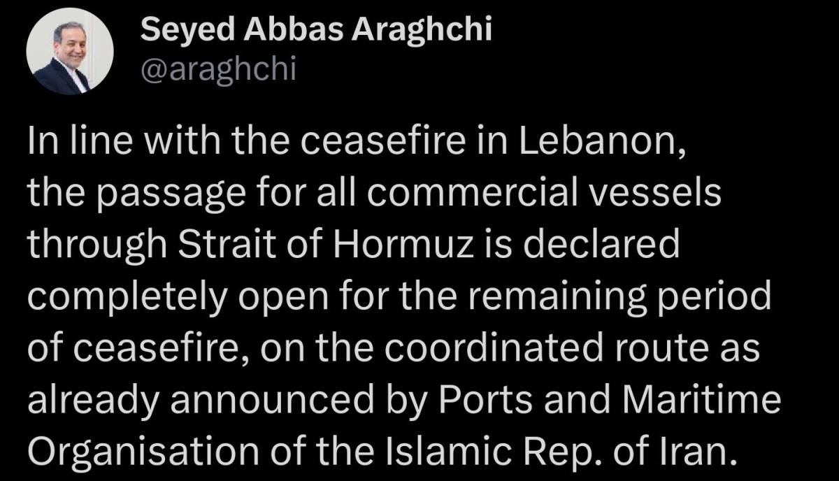 🔥 Iran foreign minister says the Strait of Hormuz is now fully open to all commercial vessels for t...