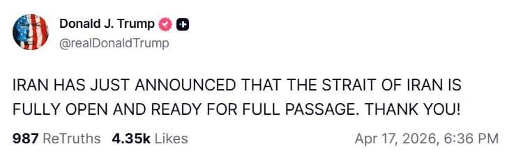 ⚡️ Trump confirms the Strait of Hormuz is fully open and ready for full passage