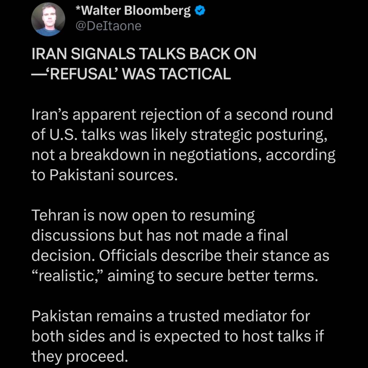 ๐ฅ Bloomberg: Tehran is now open to resuming discussions but has not made a final decision
๐ Earli...
