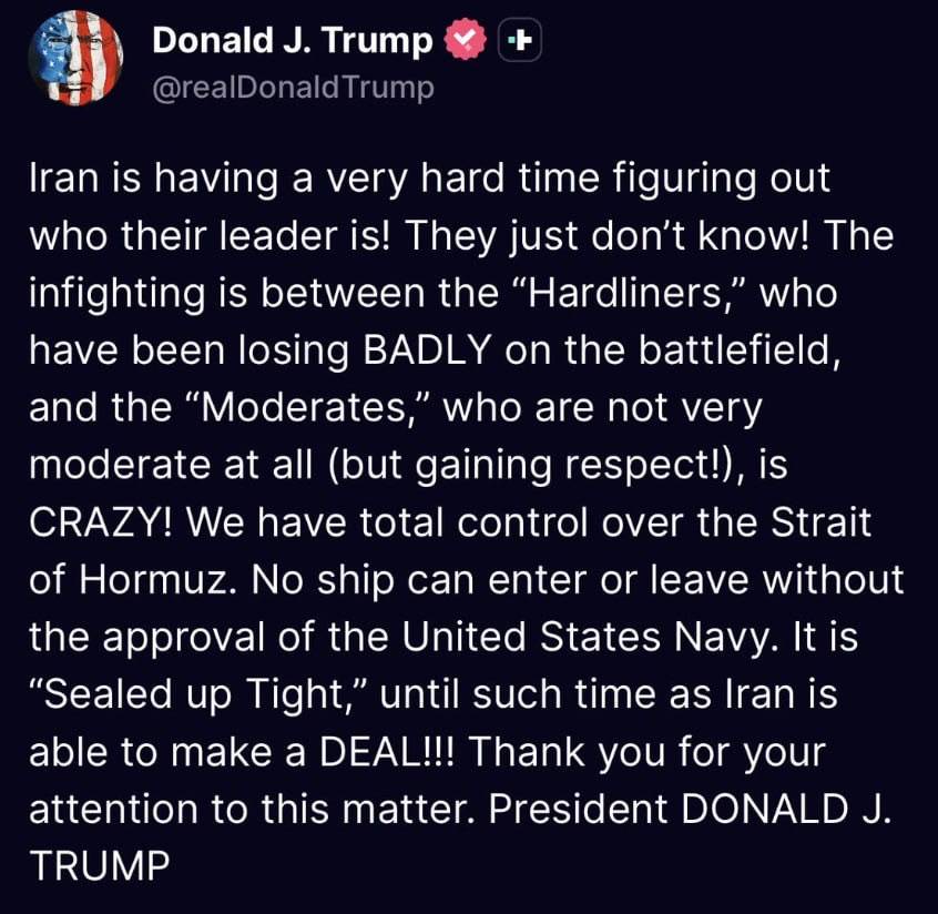 ๐ฅ Trump shares update on Truth Social saying: "We have total control of the Strait of Hormuz"
"Our...