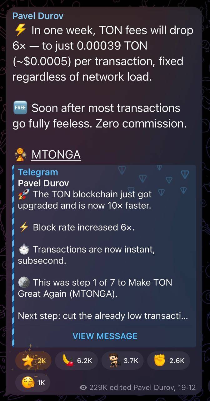 ๐ Pavel Durov said the TON blockchain is now 10ร faster, and fees will drop 6ร next week to about $...