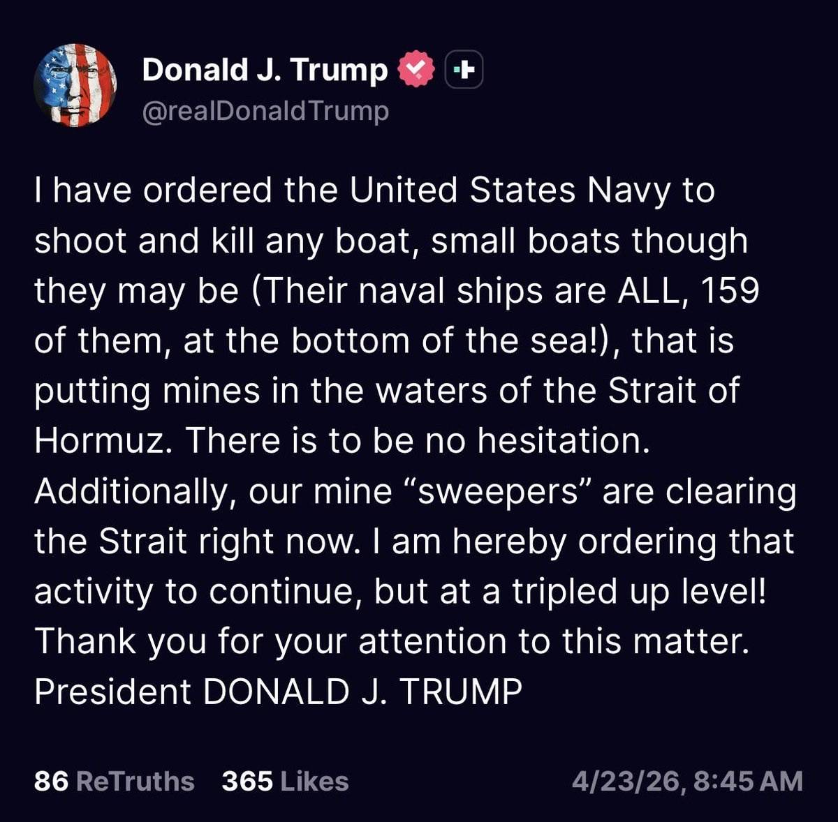 ⚡ JUST IN: Trump orders the US Navy to “shoot and kill” any boat placing mines in the Strait of Hor...