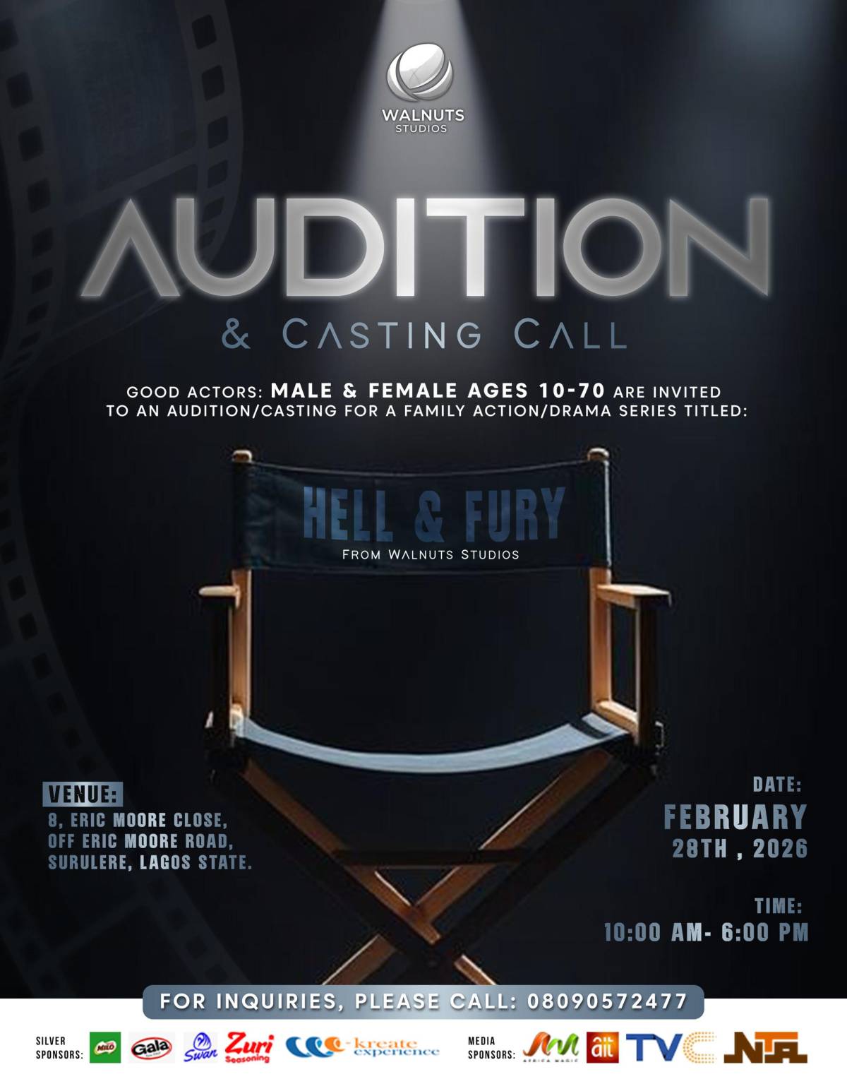 Audition and Casting!
Family TV, Action, Thriller, Comedy and Drama Series
Saturday 28th, February...
