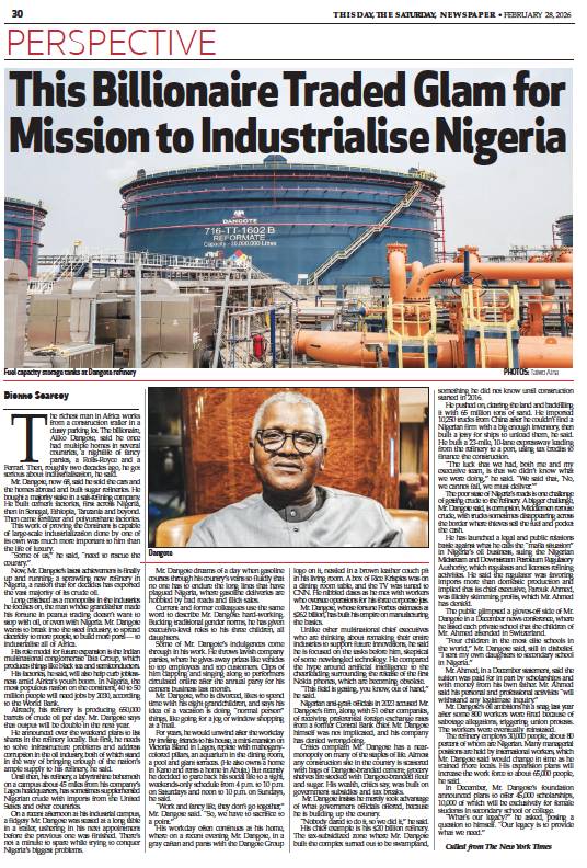 This Billionaire Traded Glam for Mission to Industrialise Nigeria. Check and read on Our THISDAY Sat...