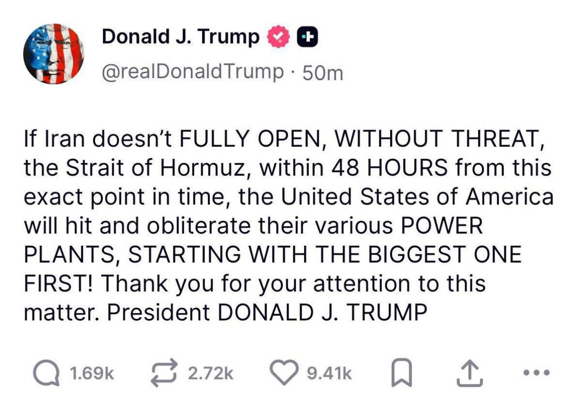 🚨 JUST IN: President Trump threatens to strike Iran’s power plants if the Strait of Hormuz isn’t fu...