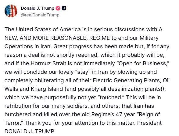 🔷 President Trump just posted this on Truth Social:“Great progress has been made” in talks with Ira...