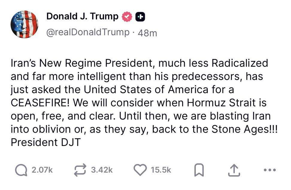 BREAKING: Trump says Iran's president asked for ceasefire, but U.S. wants Hormuz Strait open first....