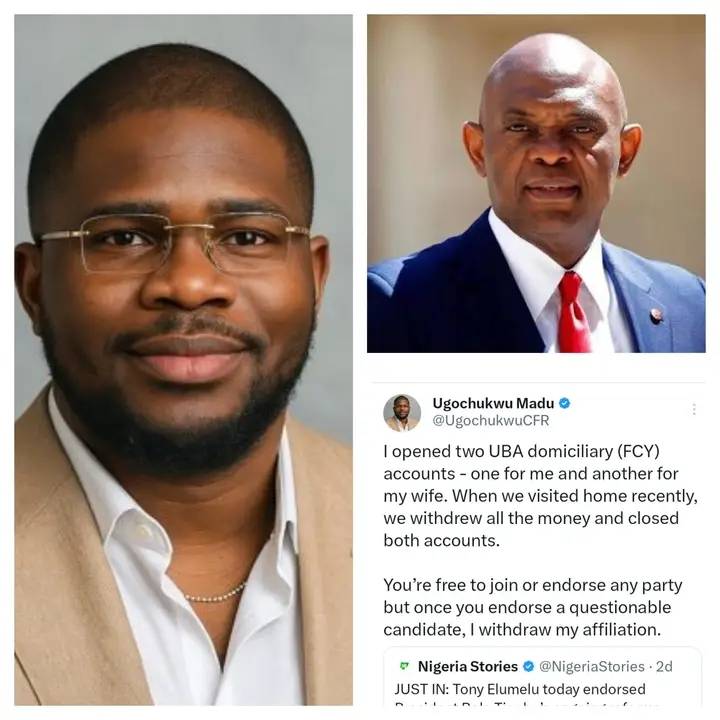 Nigerian man closes his account and wife's account in UBA because Tony Elumelu endorsed President...