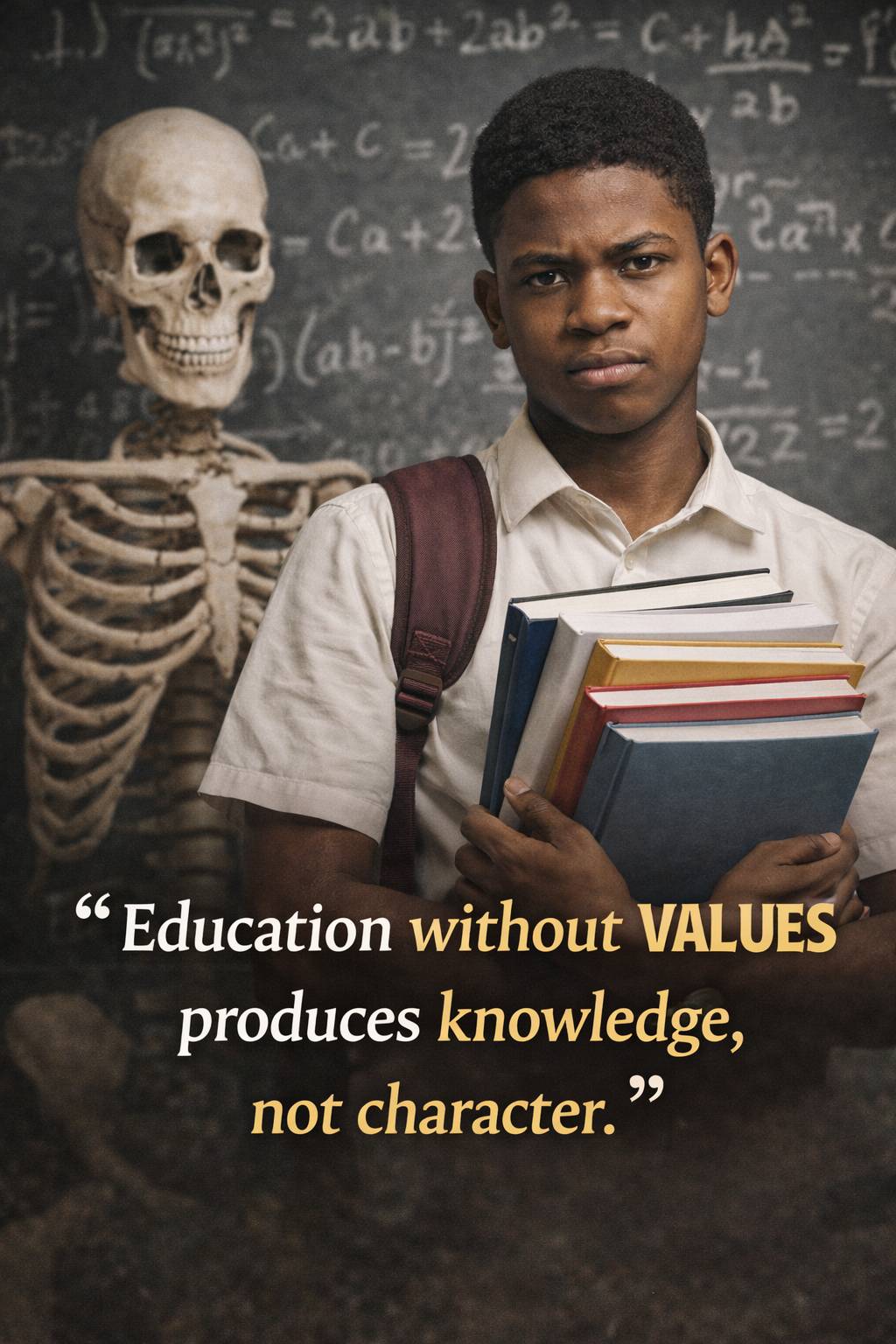 The picture shows that education can fill the mind but leave the heart empty.
The books and chalkboa...
