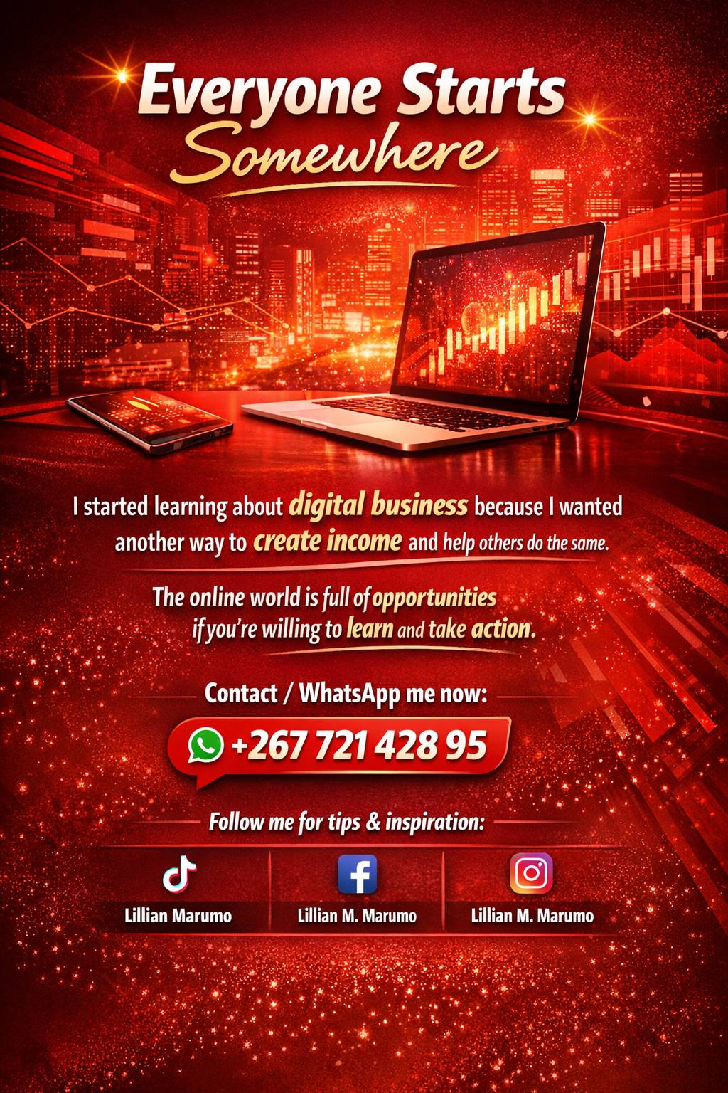 Everyone starts somewhere!
I began learning about digital business to create extra income and help...