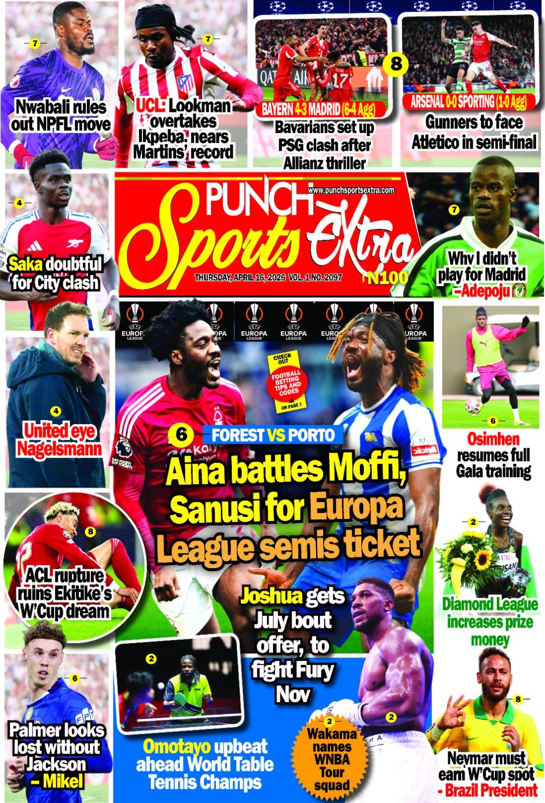 APRIL 16 - PUNCH Sports Extra Headlines