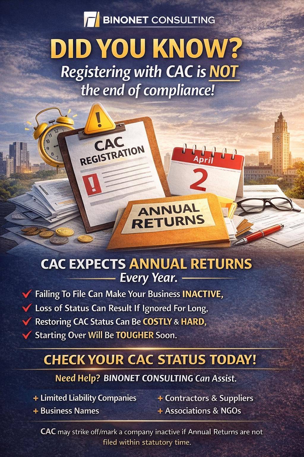 Compliance does not end with registering your company with CAC.
Many business owners believe that th...