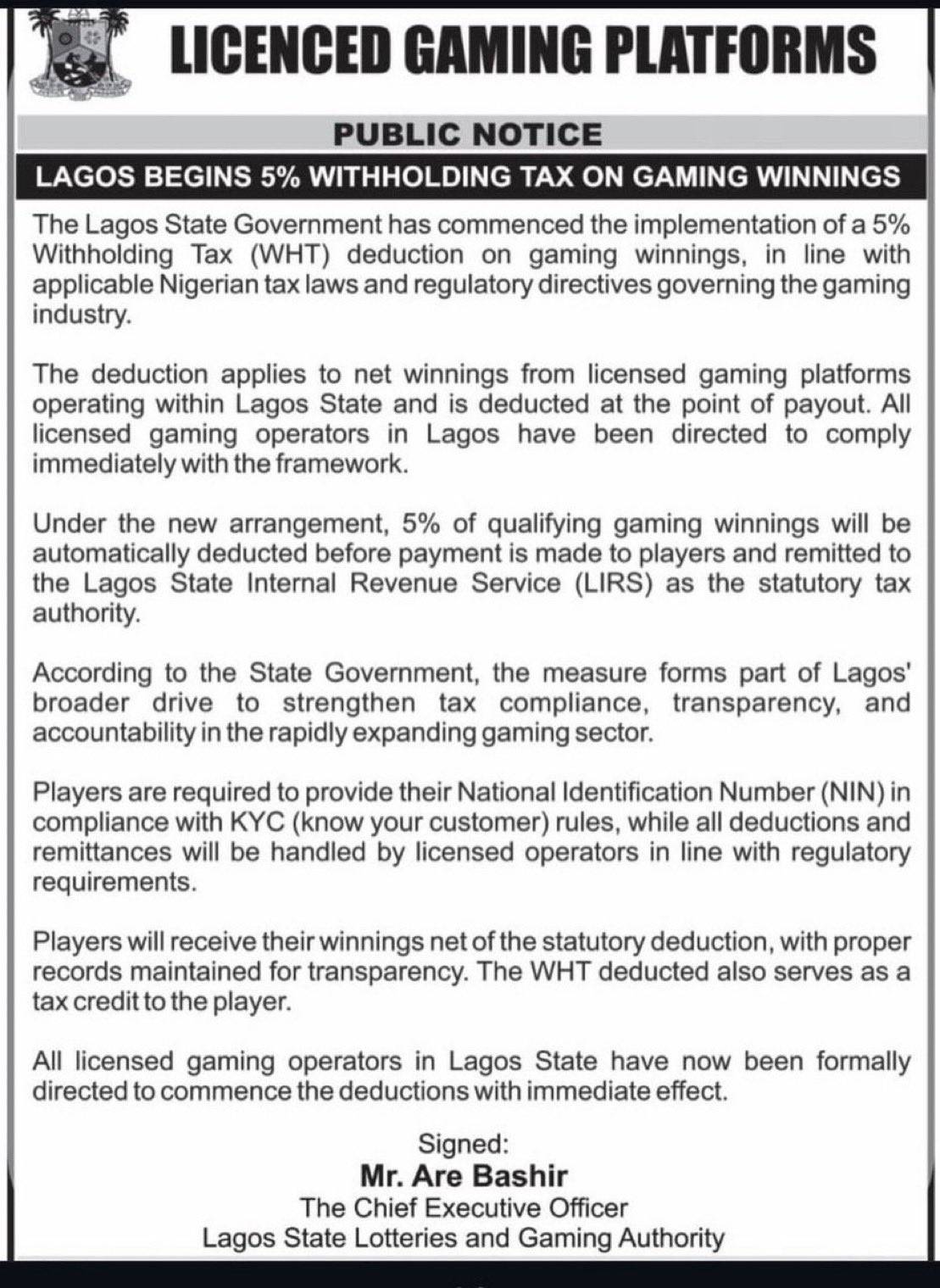 BREAKING NEWS: LAGOS BEGINS 5% WITHHOLDING TAX ON GAMING WINNINGS.
If you win a bet in Lagos you pa...