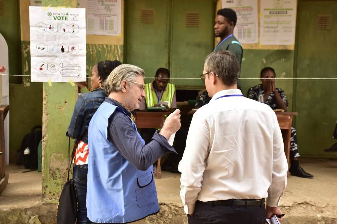 Foreign election observers have arrived at Polling Unit 081, 080, Utako LEA Primary School, to monit...