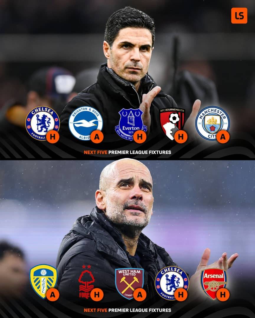Arsenal and Man City’s next four fixtures before the big one 😮‍💨⚔️