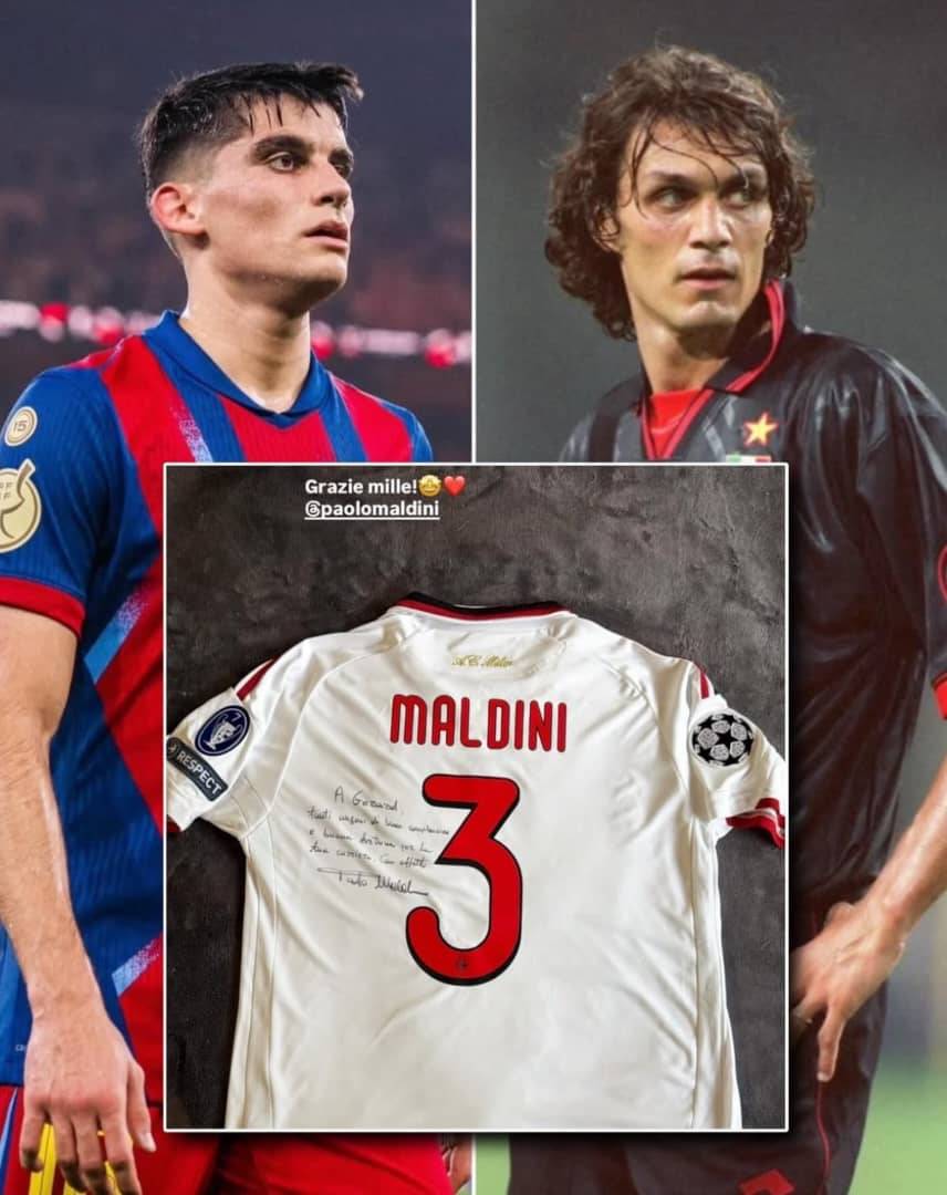 ๐๐ Paolo Maldini has sent his own match worn shirt from back in the days to Barcelona defender Ger...