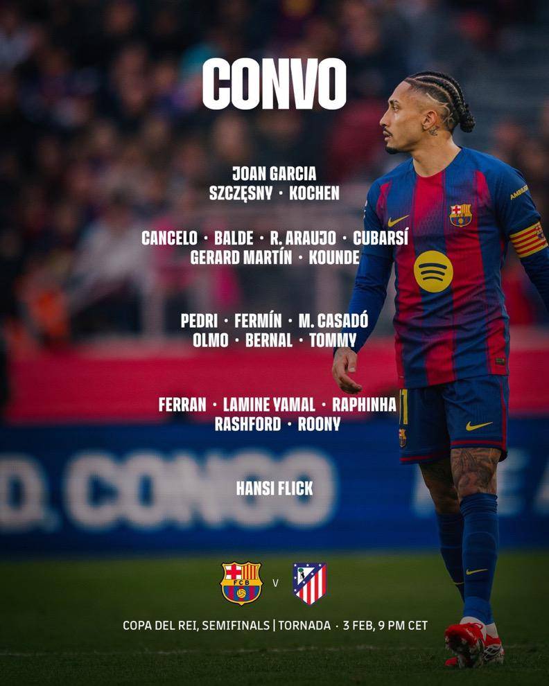 ๐จ ๐ข๐๐๐๐๐๐๐: Barcelona squad list against Atletico Madrid tonight.
