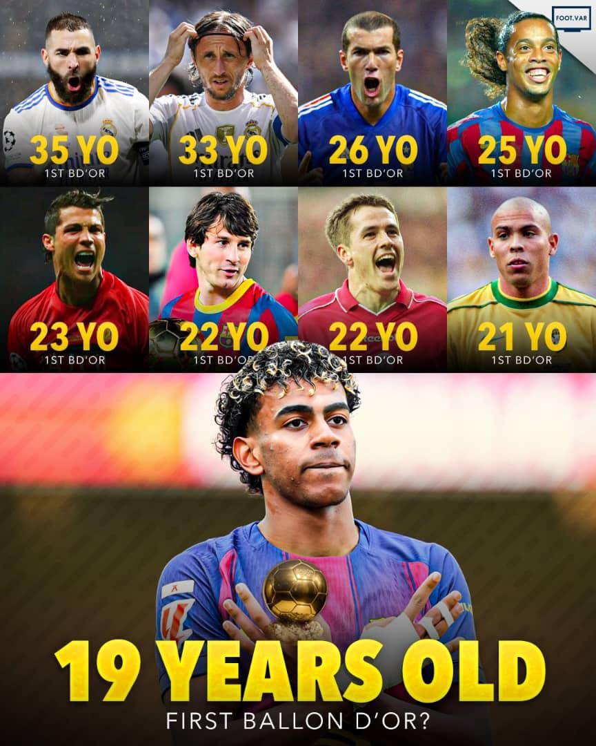 π¨ If Lamine Yamal wins the Ballon dβOr this year β he will become the youngest-ever Ballon dβOr win...