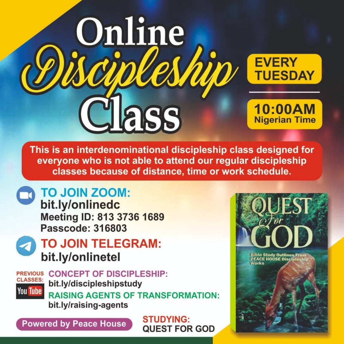 To grow more in becoming like Christ, join us every Tuesday online using Zoom, Telegram or Facebook.