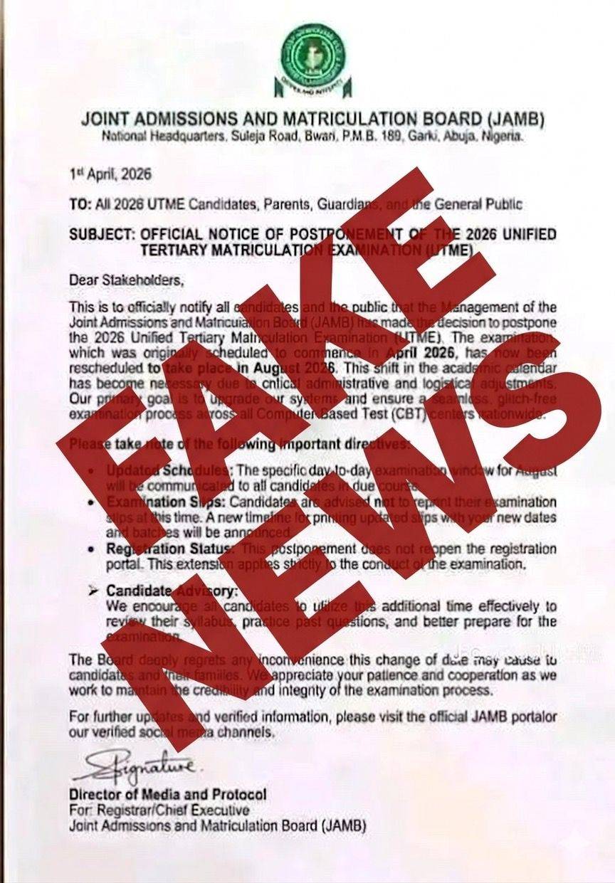 JAMB ANNOUNCEMENT: Our attention has been drawn to the malicious press release, stating that the 202...