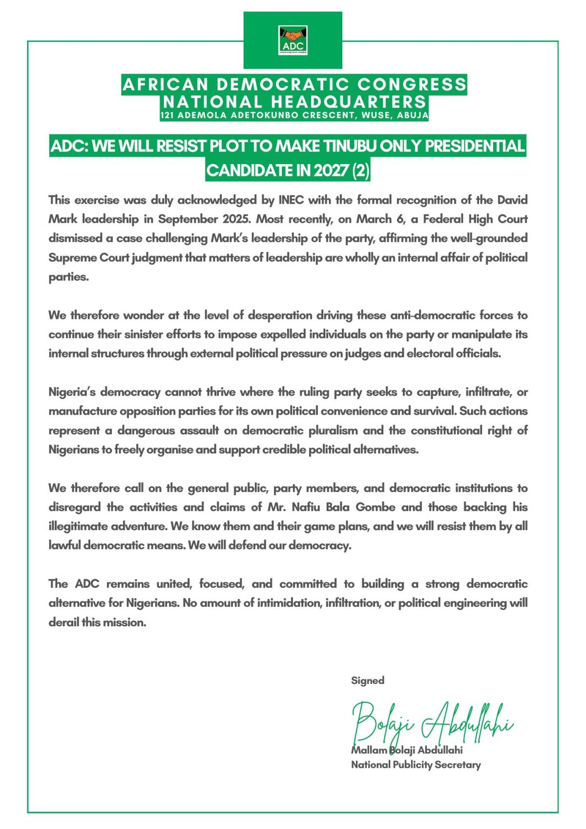 The African Democratic Congress (ADC) has uncovered a desperate and sinister plot allegedly being or...