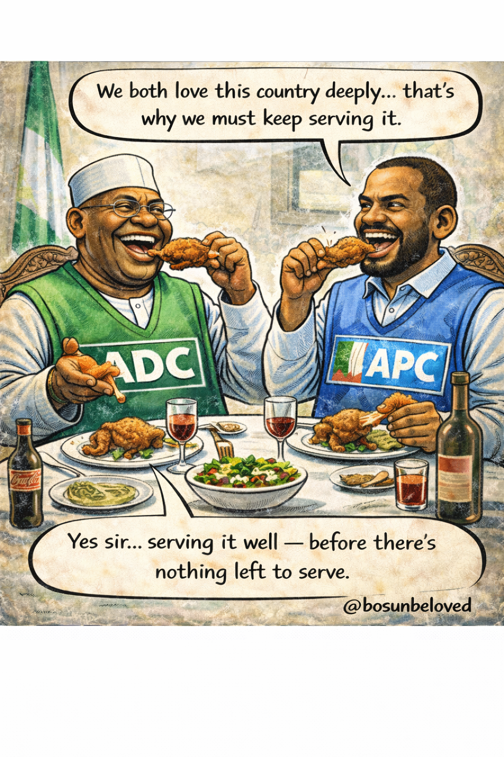 They say they are serving the country.
But the table tells a different story.
Full plates. Loud lau...