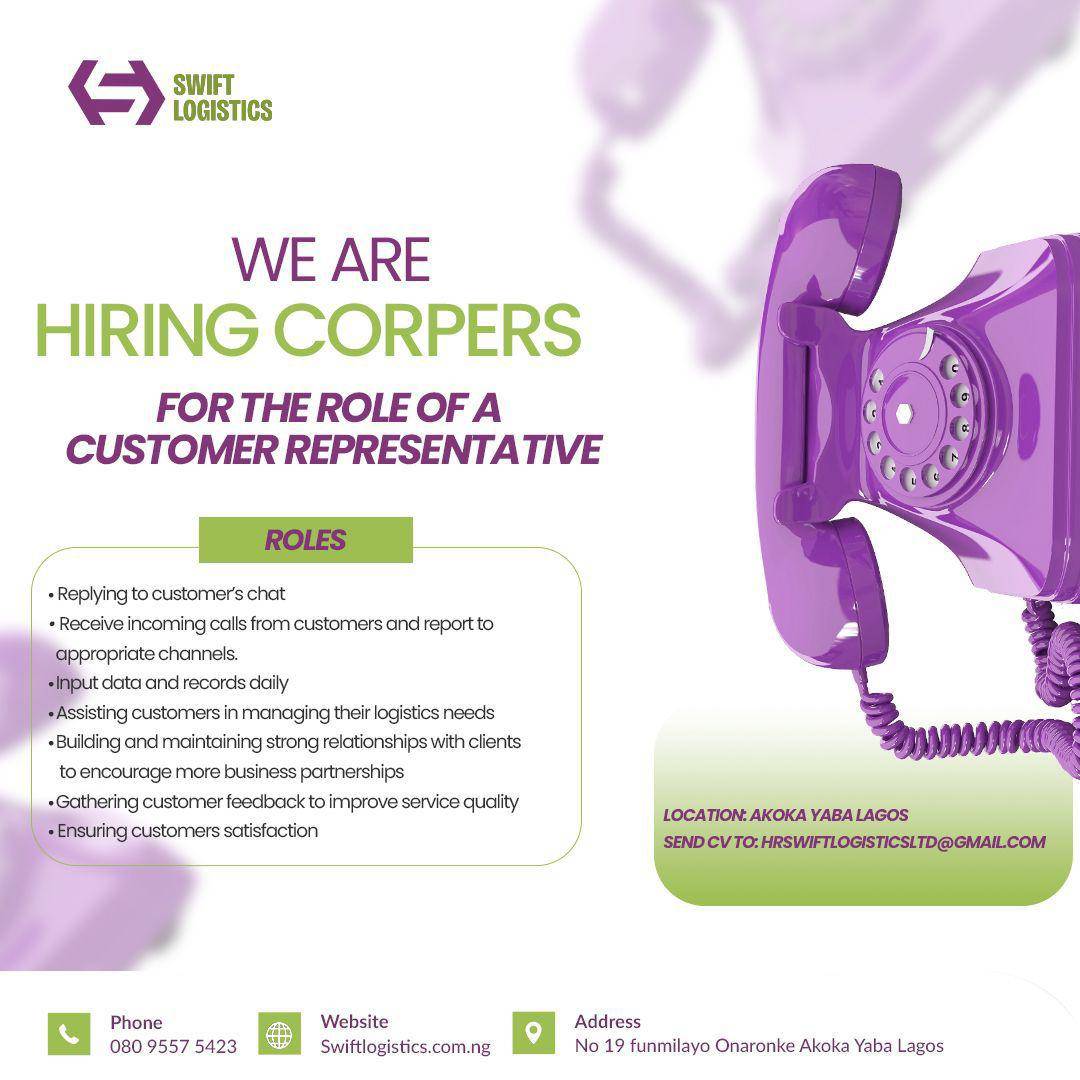 Customer Service Representative
Swift Logistics Ltd . is hiring a Customer Service Representative t...