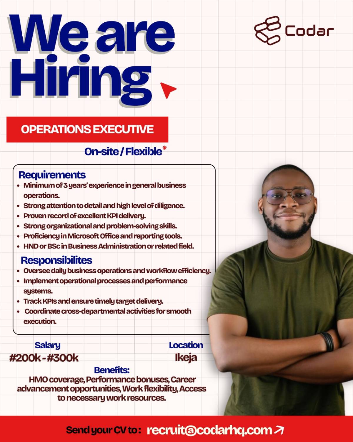 Hiring: Operations Executive
Mode: On-Site
Location: Ikeja
Salary: N200,000 - N300,000
See Flyer f...