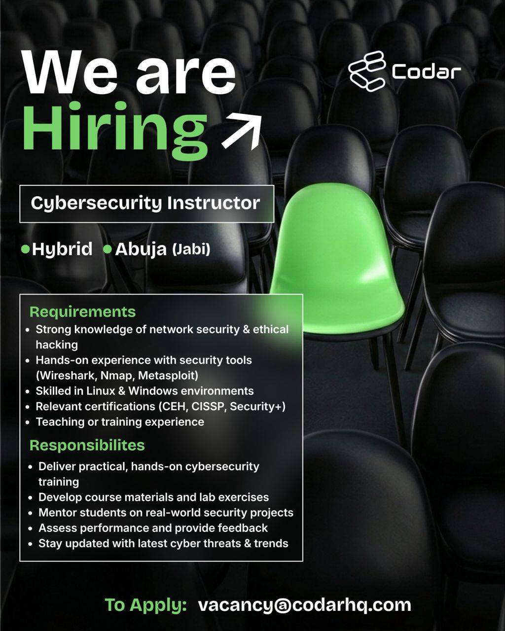 Hiring: Cybersecurity Instructor
Location: Abuja (HYBRID)
See Flyer for More Details.
Send Applic...