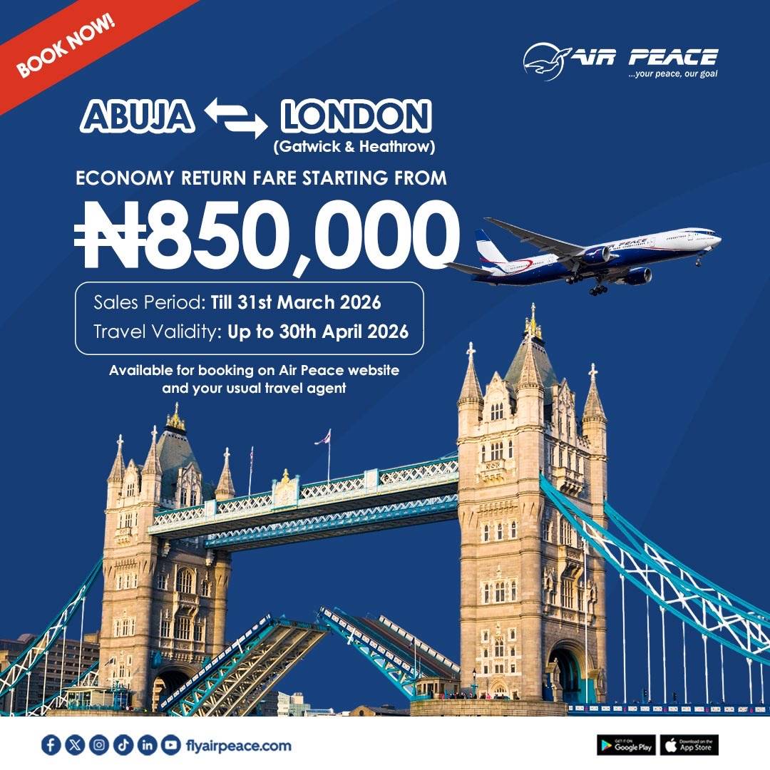 Abuja to London just got even more rewarding with our special Economy return fares starting from ₦85...