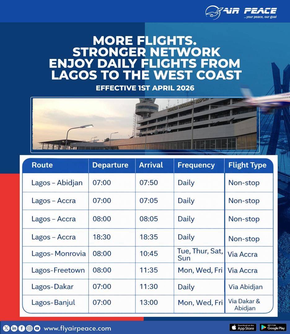 ✈️ More flights. Stronger connections across West Africa!
Fly conveniently from Lagos to Accra, Abi...