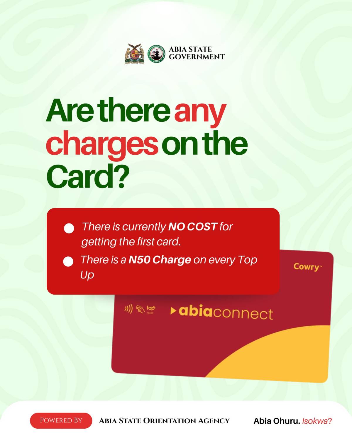 The Abia Electric Bus card is available now, the card is free
Get yours today!!!