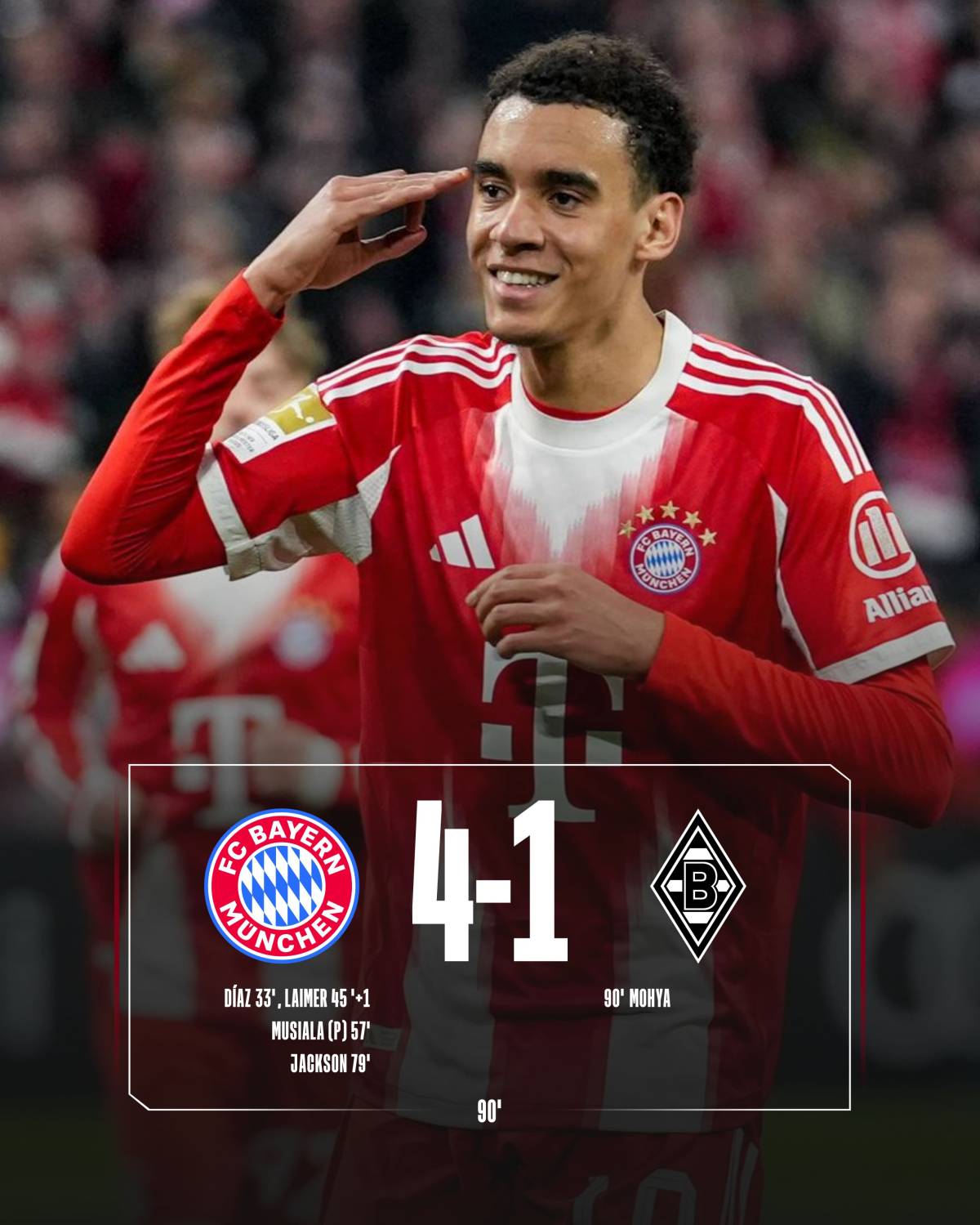 #NOW #Bayern wins at the Allianz Arena and secures three points ๐ฅโฝ๐ฅ.
#BayernMunish 4 - 1 #Monche...