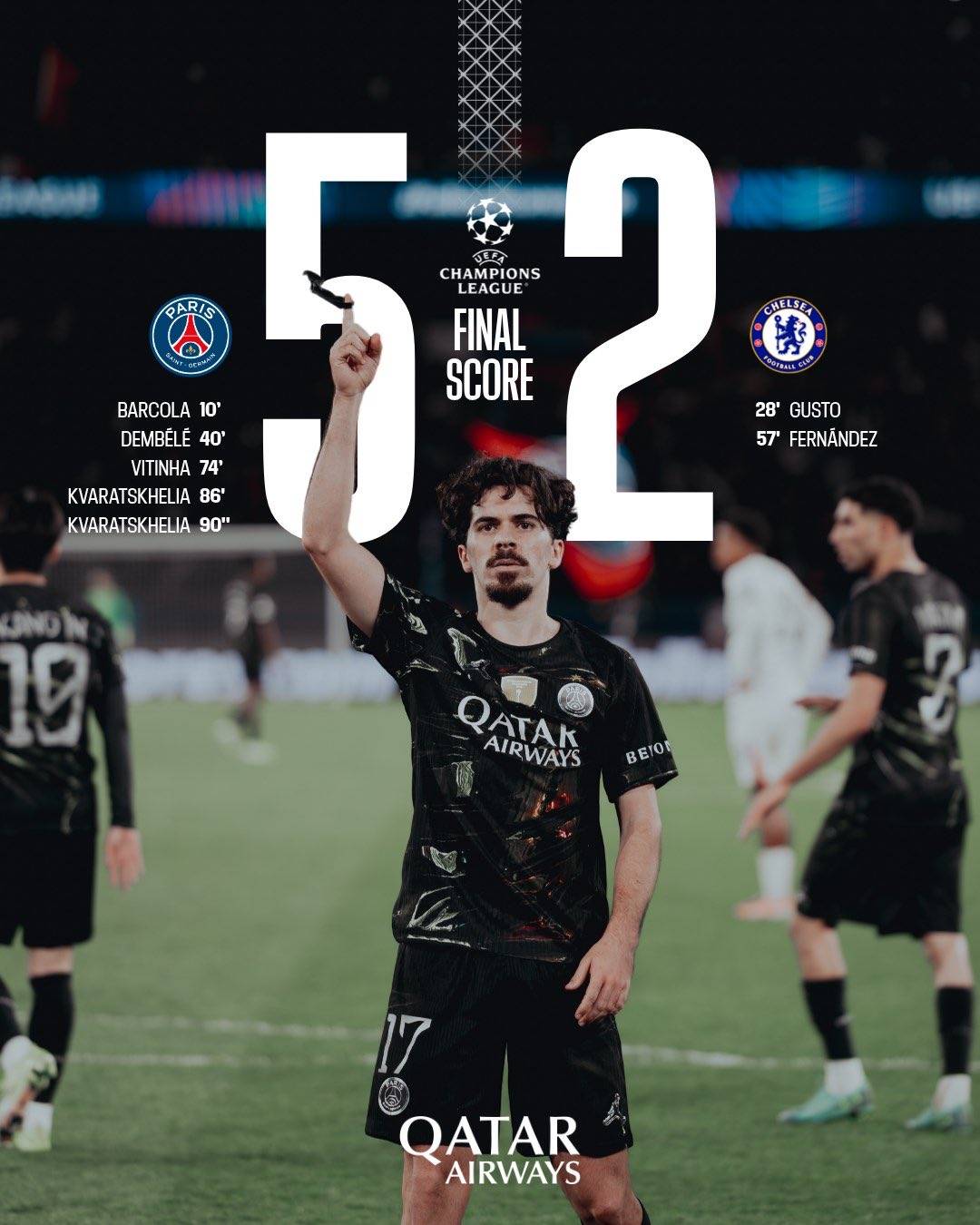 ⚽ With two goals of Khvicha Kvaratskhelia and goals of Barcola, Dembélé and Vitinha #PSG wins tonig...