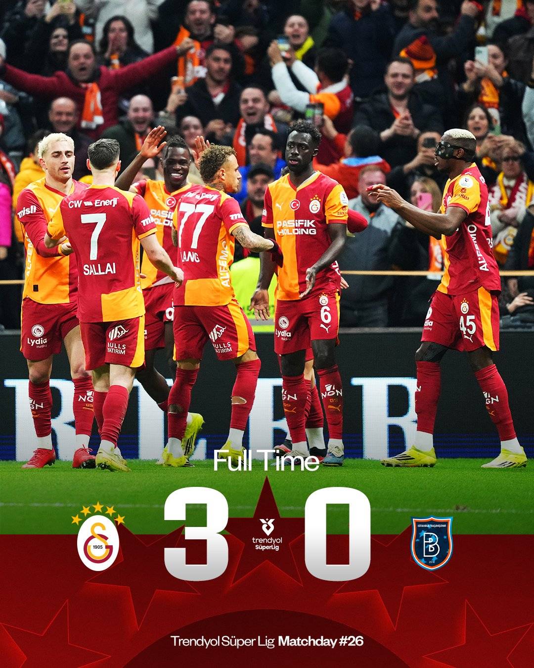 #Galatasaray wins 3 - 0 against #IstanbulBB ⚽
Goals of Wilfried Singo, Victor Osimhen and Renato N...