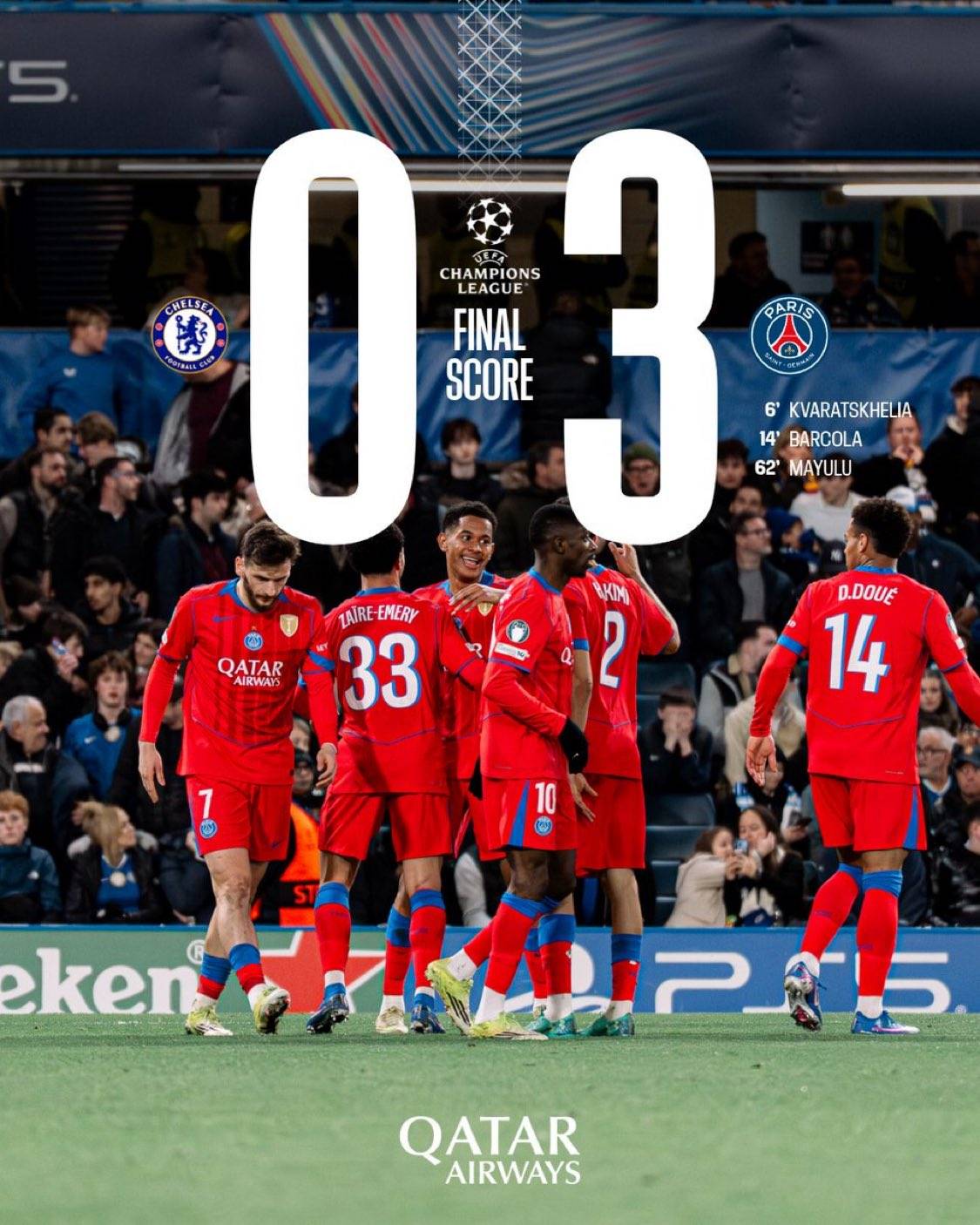 โฝ๐ฅ Tonight's final score:
๐ #Chelsea 0 - 3 #PSG.
With three goals cementing a powerful victory...