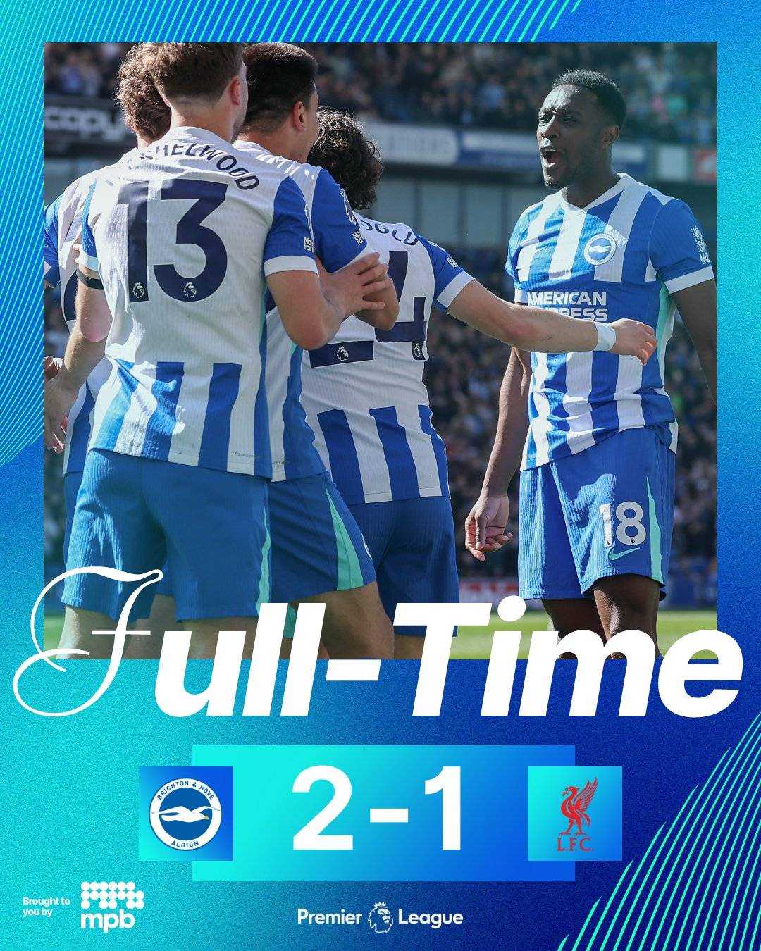 ā½ Full Time: #Brighton 2 - 1 #Liverpool
š„ TWO goals of Danny Welbeck (ā±ļø 14', 56') secured the v...
