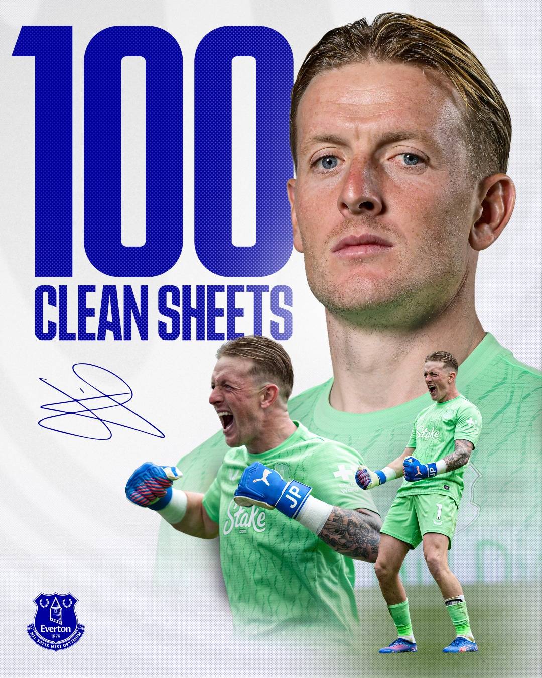 With #Everton's victory 3-0 against #Chelsea, Jordan Pickford officially achieved 100 clean sheets...