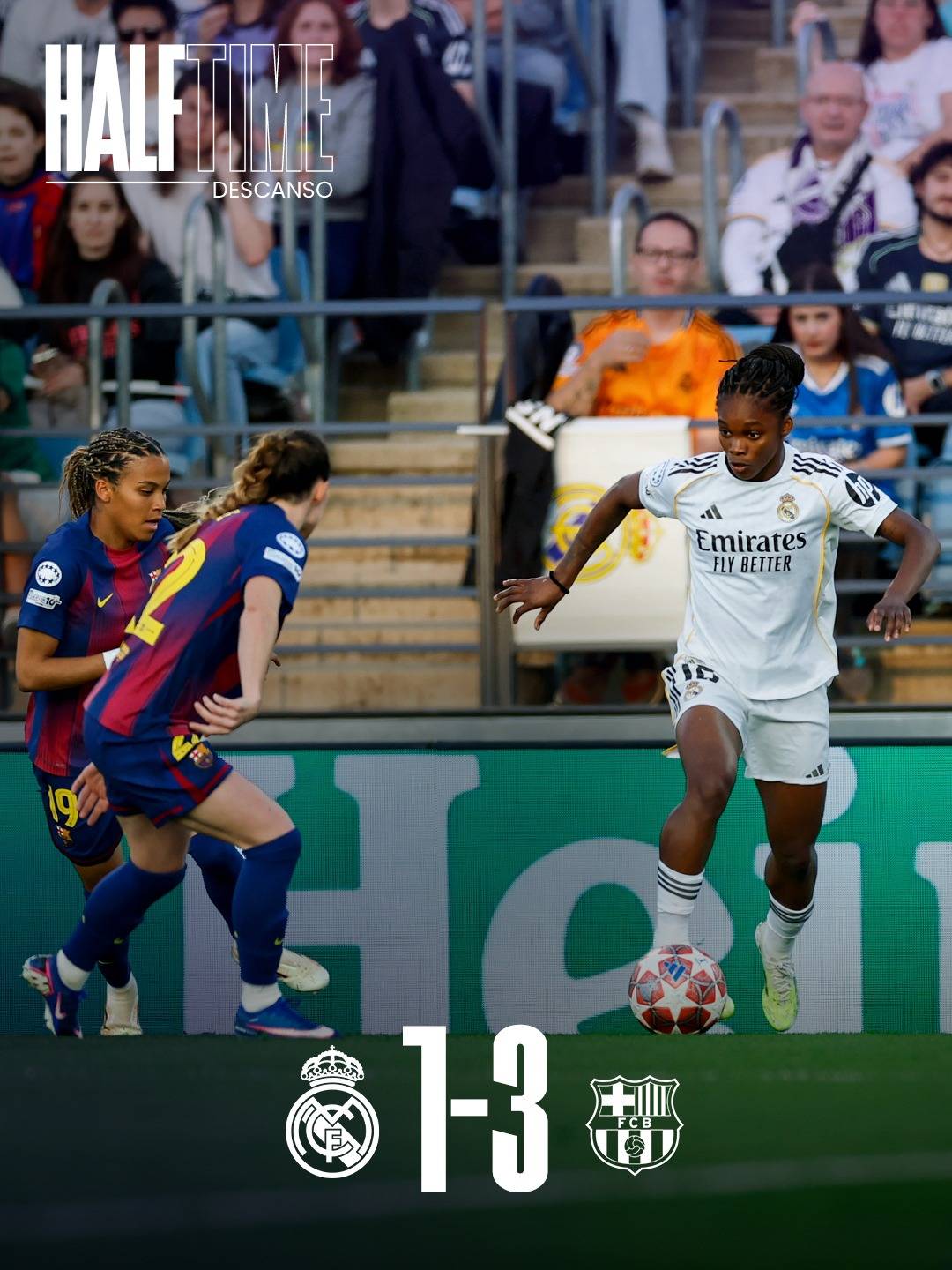 📝 Half-time: Real Madrid 1 - 3 Barcelona #ElClasico ⚽🔥
Goals of Ewa Pajor (⏱️6'), Esmee Brugts (...