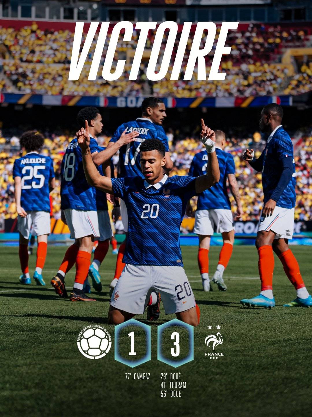 France🇫🇷 won against #Colombia🇨🇴 in friendly #WorldCup2026 match.
⚽ Mbappé, Dembélé, Olise and Eki...