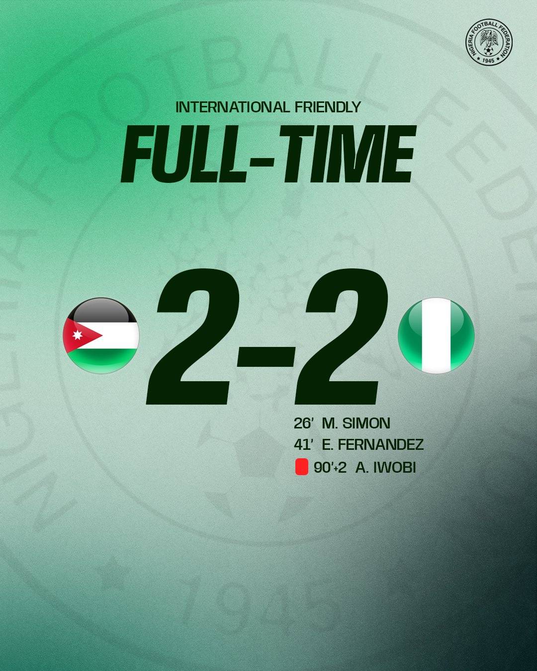 📝 Full-time: Jordan🇯🇴 2 - 2 Nigeria🇳🇬

Mohammad Al Daoud scored his first ever goal with the nation...