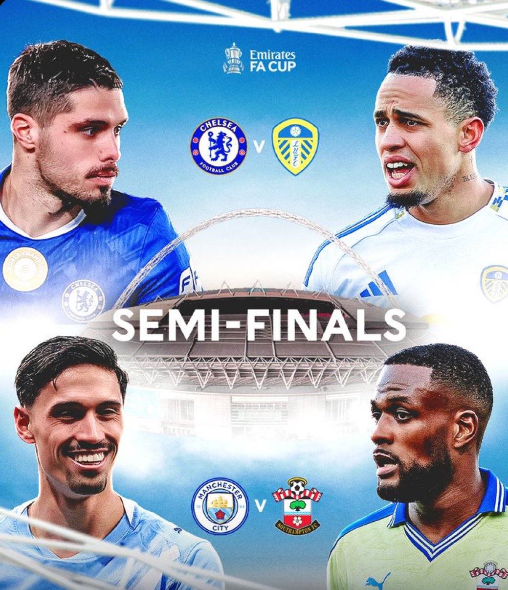 π Four teams now remain in the #EmiratesFACup: Manchester City, Chelsea, Southampton and Leeds all...