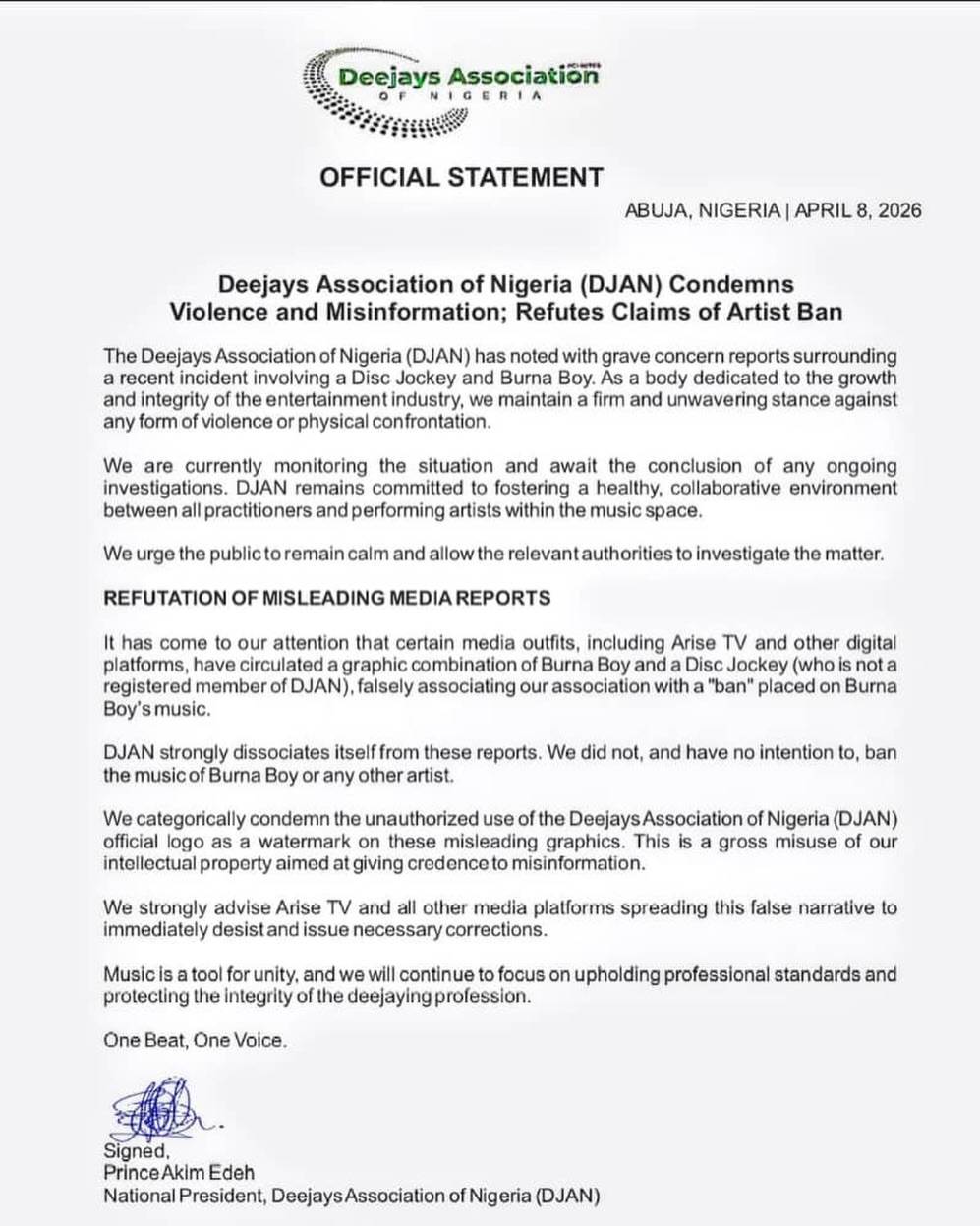 The Deejays Association of Nigeria (#DJAN) released a statement dismissing reports that it banned B...
