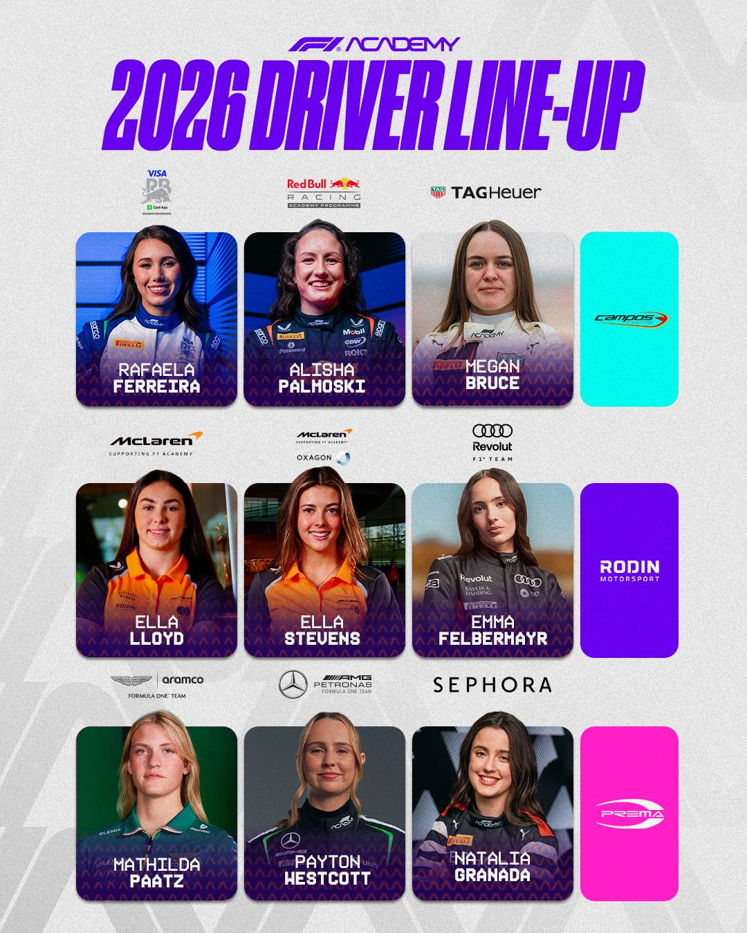 ๐ The 2026 F1 Academy grid has been unveiled, with only one wild card spot left ๐๏ธ๐๐.
#F1Academy...