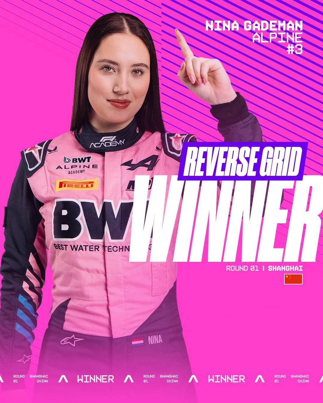 ๐ Nina Gademan converted her reverse grid pole into a Race 1 victory in Shanghai.
#F1Academy #Nina...