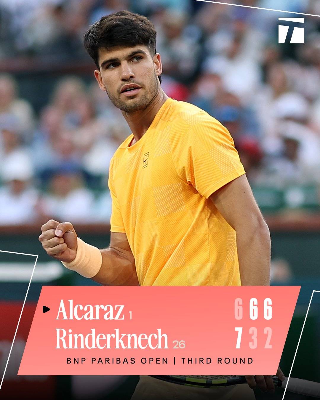 ๐พ Carlos Alcaraz won against Arthur Rinderknech, moving forward to the fourth round of #IndianWells...