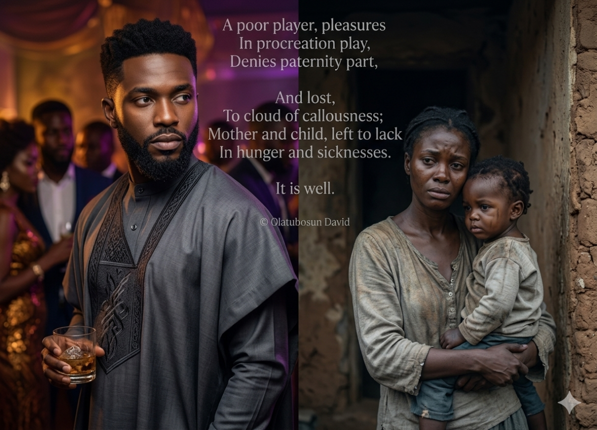 A poor player, pleasures
In procreation play,
Denies paternity part,
And lost,
To cloud of callous...