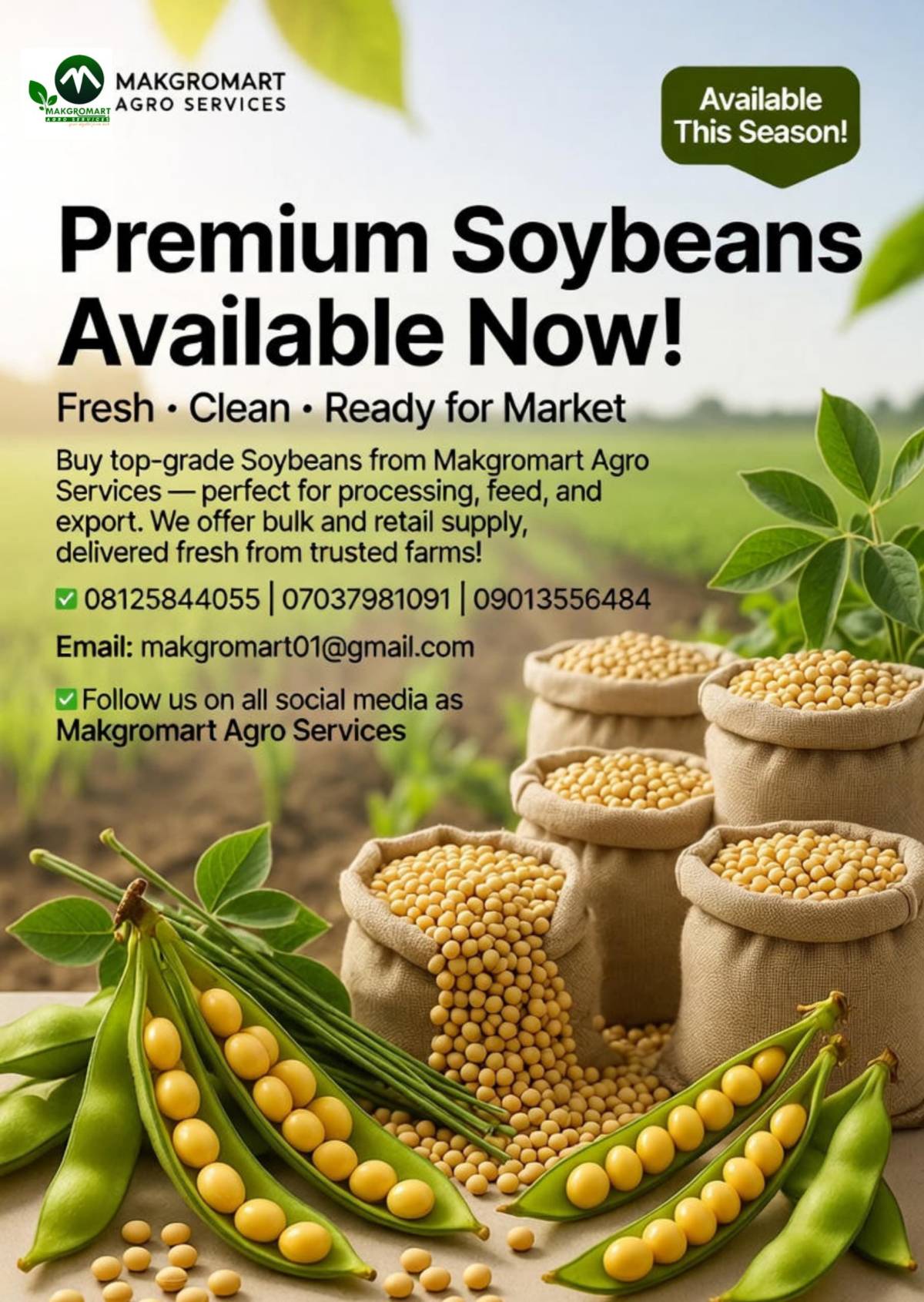 ๐ฑ PREMIUM SOYBEANS AVAILABLE NOW! ๐ฑ
Fresh โข Clean โข Ready for Market
Makgromart Agro Services br...