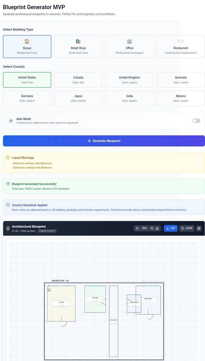 Here's an MVP for my software as a service project. It's an AI powered blueprint generator that crea...