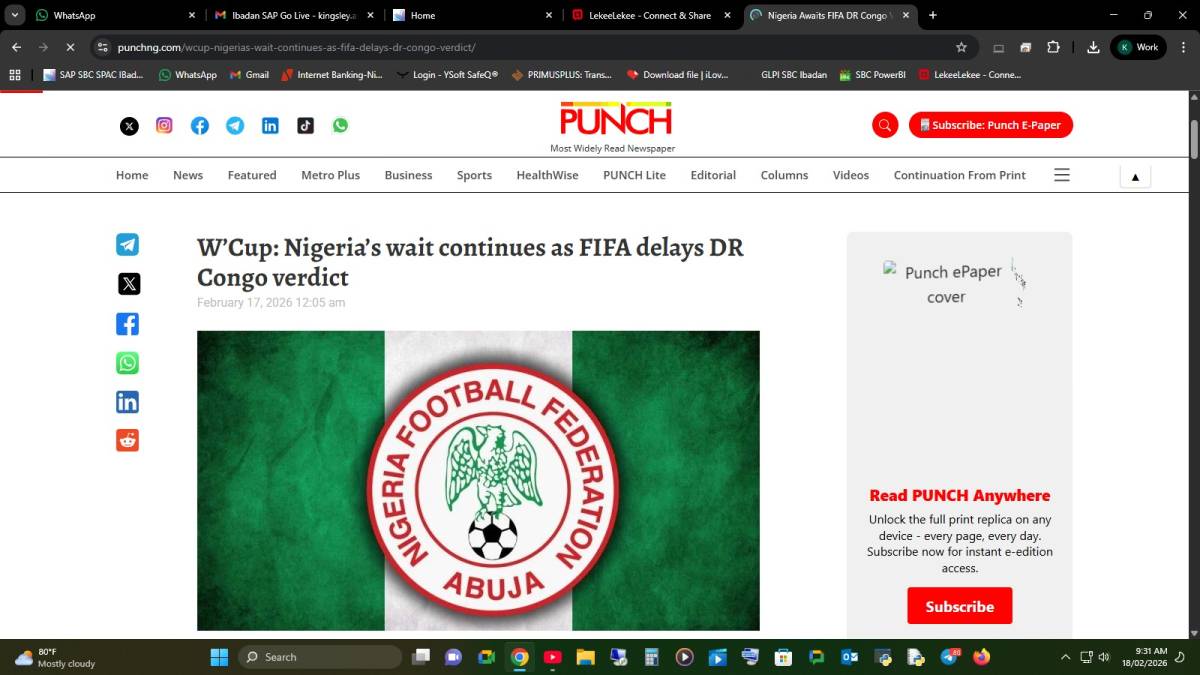 W’Cup: Nigeria’s wait continues as FIFA delays DR Congo verdict
February 17, 2026 12:05 am
Source:-h...
